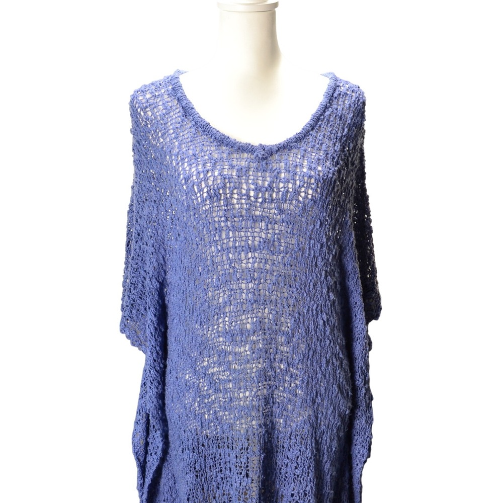 Lani Lau Hawaii Blue Crochet Knit Tunic Top Cover Up Fringe Hem Boho‎ Beach OS